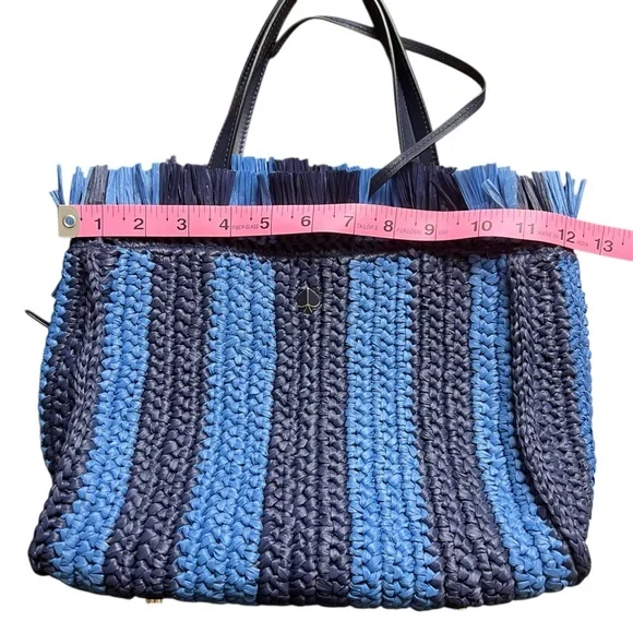 Kate Spade Sam Stripe Straw Medium Satchel Blue - Picture 9 of 16